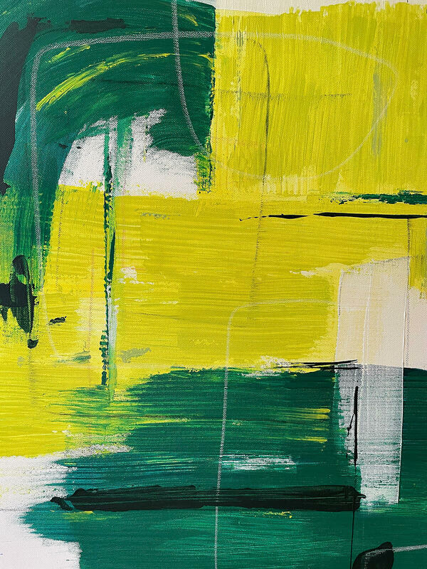 Abstract expressive painting on canvas in greens and yellows