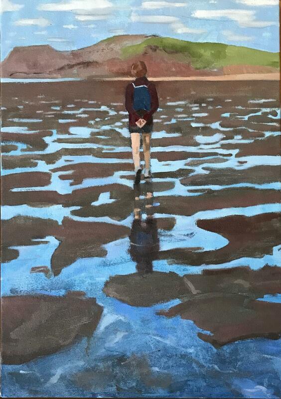 'Puddle Walk', a pinting in oils on canvas shows a figure lost in thought on a vast Cornwall beach