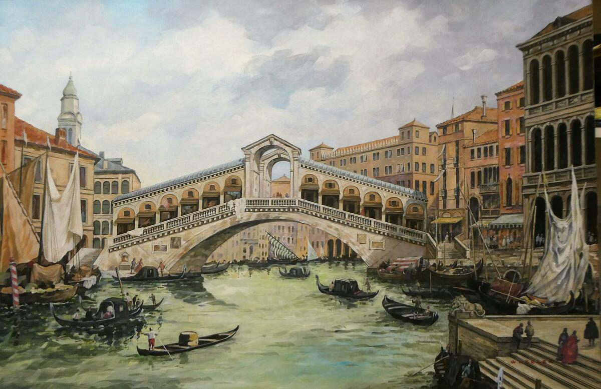Ancient Italianate Rialto Bridge Scene.