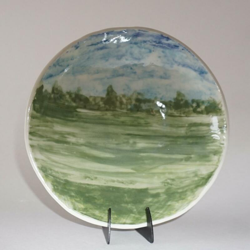 A hand painted shallow bowl depicting Port Meadow where I often walk my whippets.