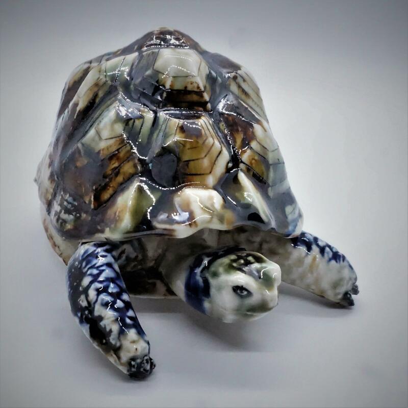 A madagasgin tortoise on the move. The shell lifts off to reveal a trinket box.