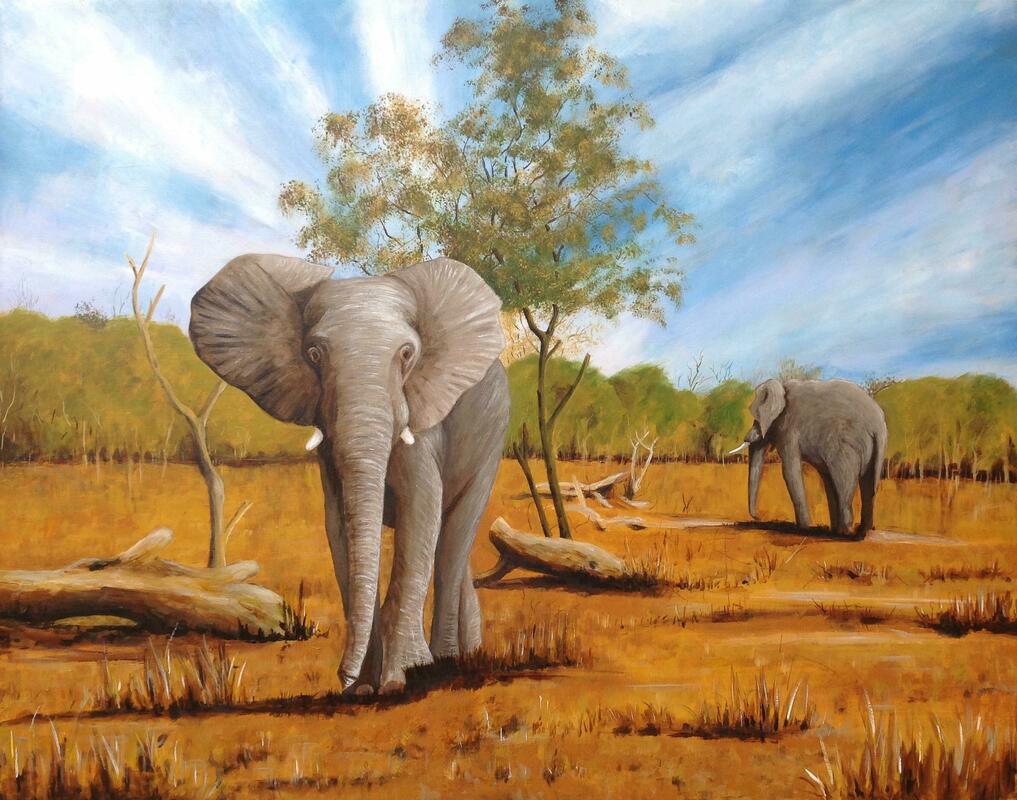 Elephants. U/F Acrylic on canvas 91 x 71