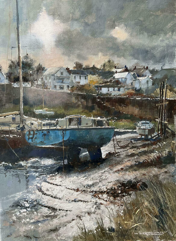 Boats at low tide, Abersoch Harbour, North Wales, Oil 12" x 16"