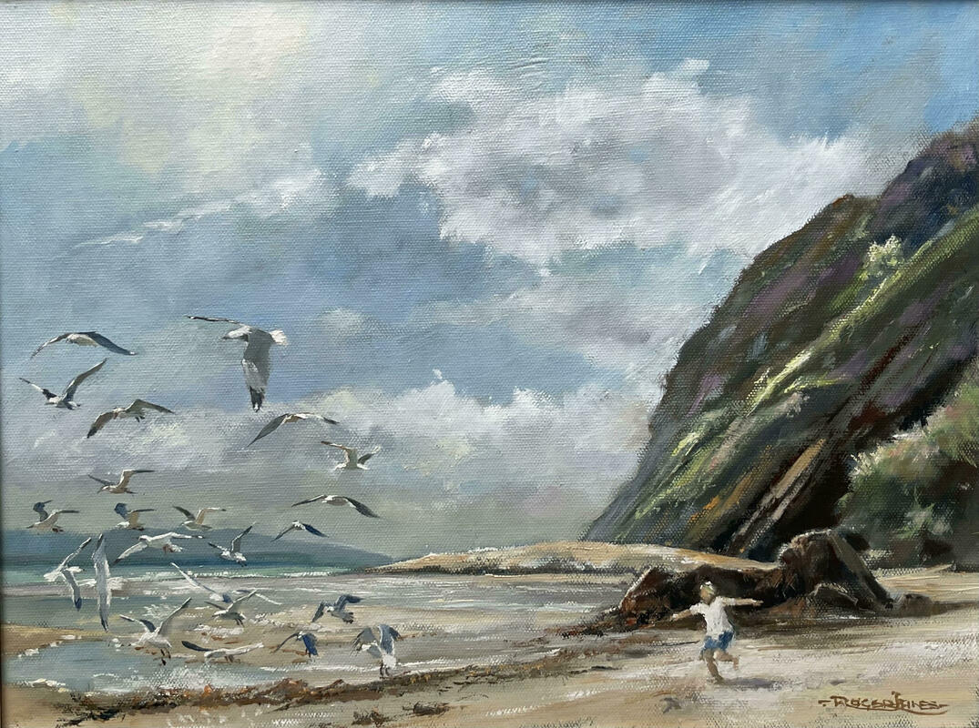 Chasing Gulls, Llanbedrog beach, North Wales, Oil 12" x 16"