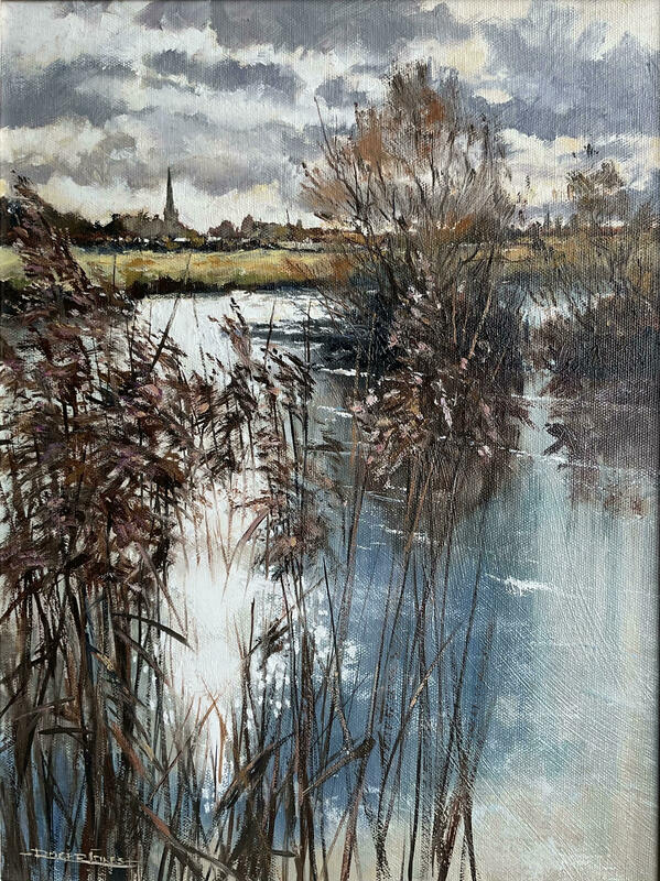 Lechlade Church with Glitterpath, from the Thames riverbank, Oil 16" x 12"