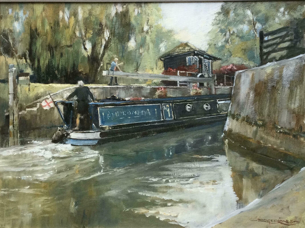 Narrowboat passing Buscot Lock, Lechlade, Oil 12" x 16"