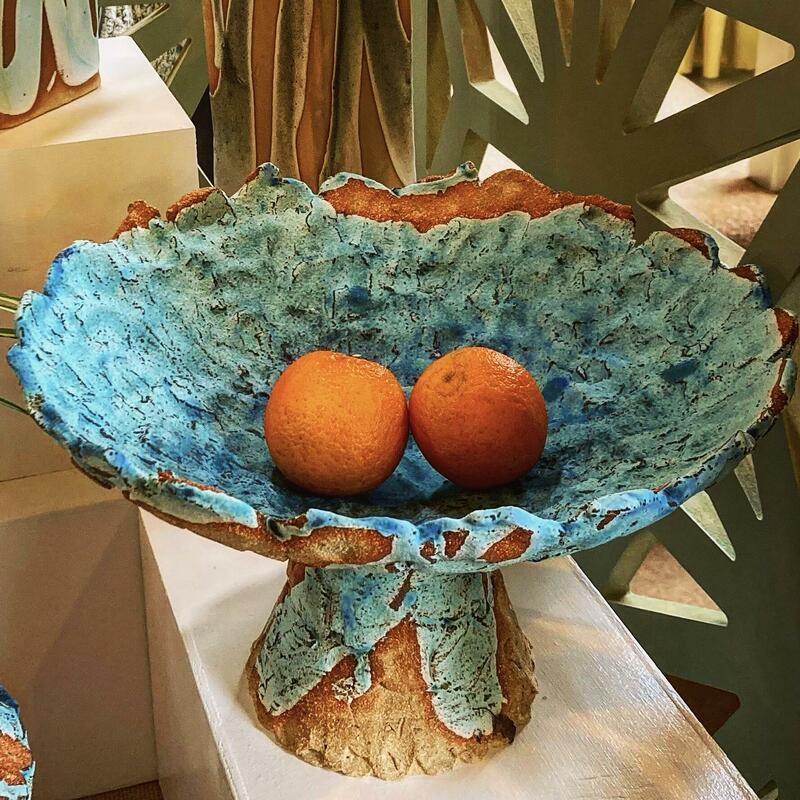 dish with pedestal, stoneware clay, dry blue glaze
