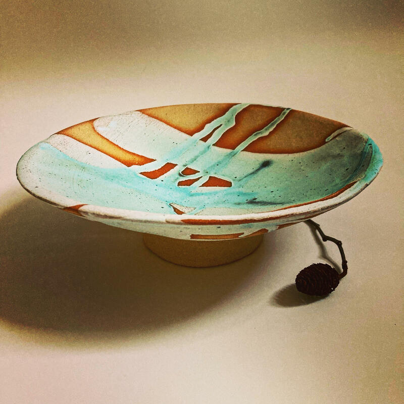 dish with foot, stoneware clay, dry blue glaze
