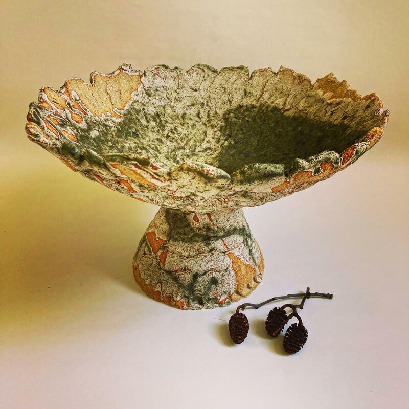 dish with pedestal, stoneware clay, dry green glaze