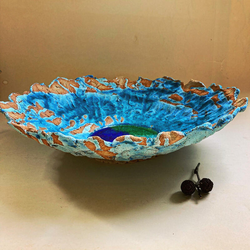 platter, stoneware clay, dry blue glaze, blue/green/clear glass