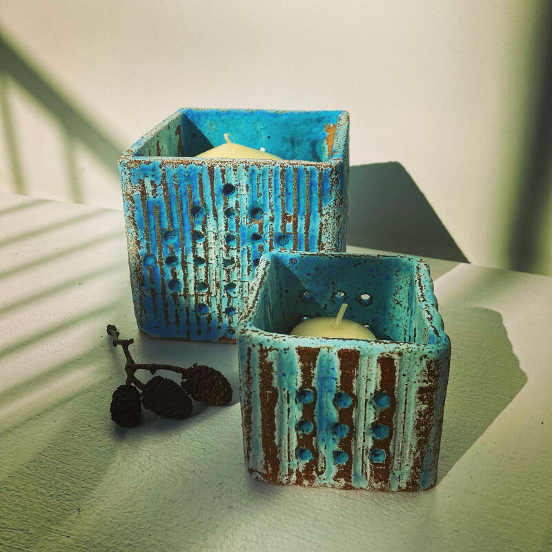 candle boxes, stoneware clay, dry blue glaze