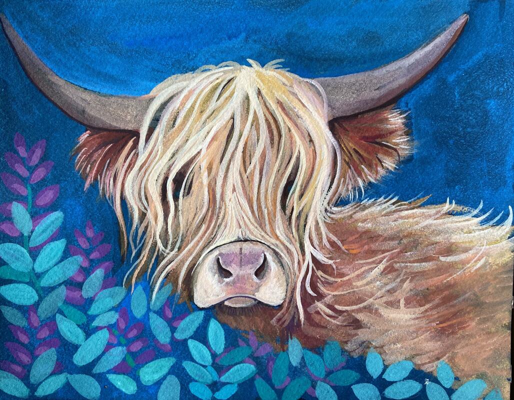 Highland Cow, Gouache on black watercolour paper