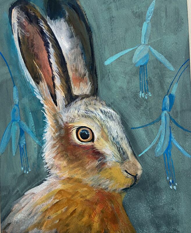 Hare, gouache on black watercolour paper
