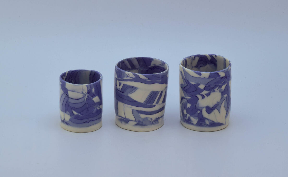 Trio Bud Vases, Porcelain Nerikomi, Blue and White Pattern