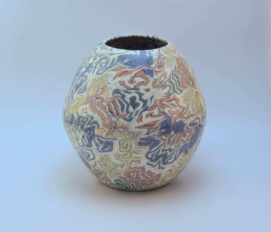 Moon Jar, Porcelain Nerikomi, Fragmented Pastel Swiss Roll Pattern