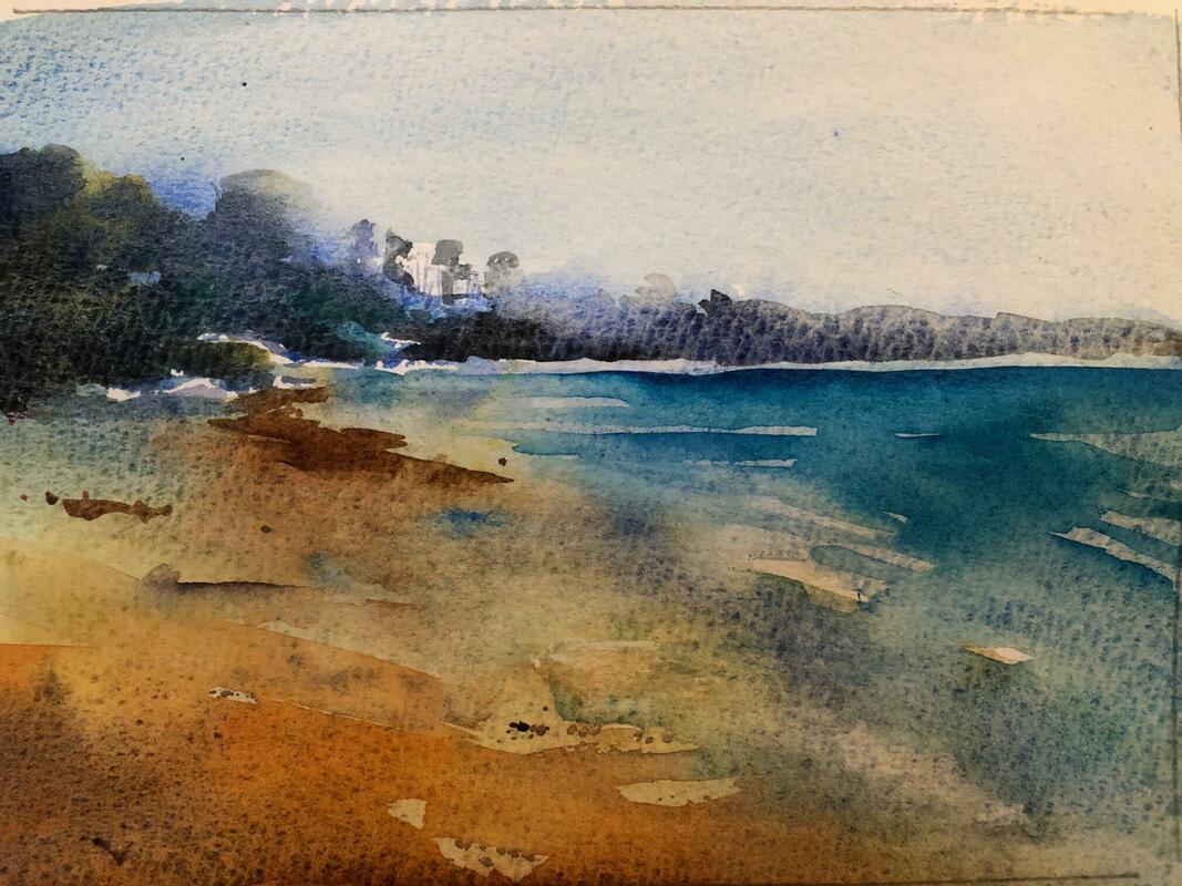 Watercolour, Painting, Seascape, beach