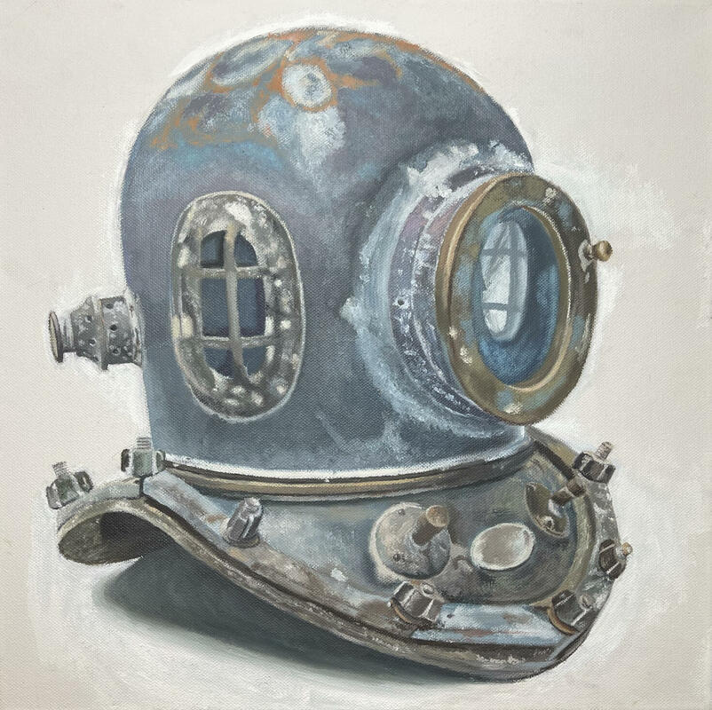 Vintage Diving Helmet. Oil on canvas, 16" x 16", not for sale