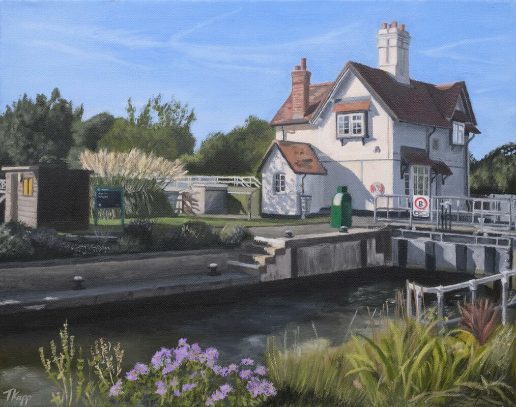 Goring Lock, Goring-on-Thames, Oxfordshire. Oil on canvas, 18" x 14", £250