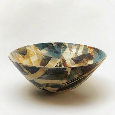 porcelain bowl with abstract layered coloured glazes 