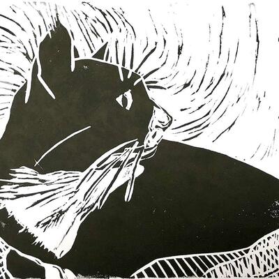 black & white linocut of 'Startled Cat'