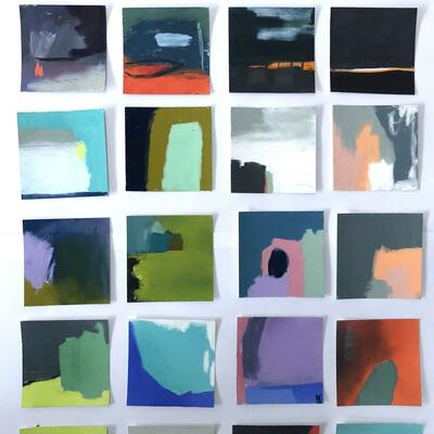 A series of small square colourful pastel drawings arranged in a grid of 6 by 4