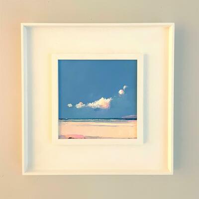 Barry Kelly British contemporary seascape/landscape artist. Seascape painting. Blue sky, little clouds, turquoise sea, low tide, impasto