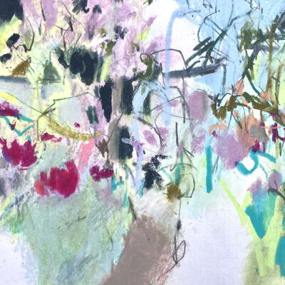Mixed media abstract garden painting with red and pink flowers, blue sky, greenery and background branches.