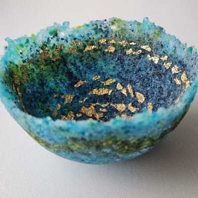 Into The Deep.  Gilded glass bowl using the pate de verre method. Green aqua blue turquoise