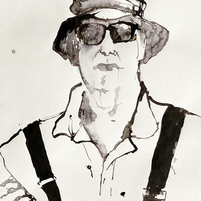Jill Colchester. Ink drawing made during conversation with retired farmer.