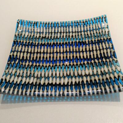French vanilla & turquoise strip-cut fused glass bowl