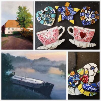 Oil paintings by Tracy and ceramic mosaics by Ellie