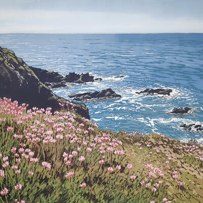 Sea Pinks linocut by Alexandra Buckle