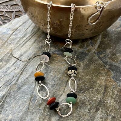 Hammered sterling silver linked ovals with jasper and agate rondelles and a silver chain, 52cm long including clasp. £95