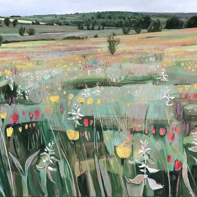 Butterfly Orchids and Clover er at Cae Blaen Dyffryn, Oil and acrylic on canvas, 120 x 150cm