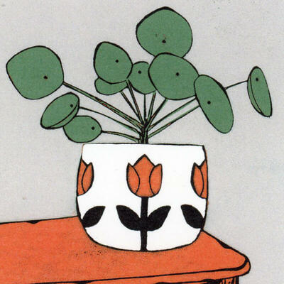 Lino print of a Chinese Money Plant 