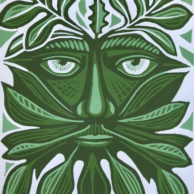 Green man, linocut by Gerry Coles