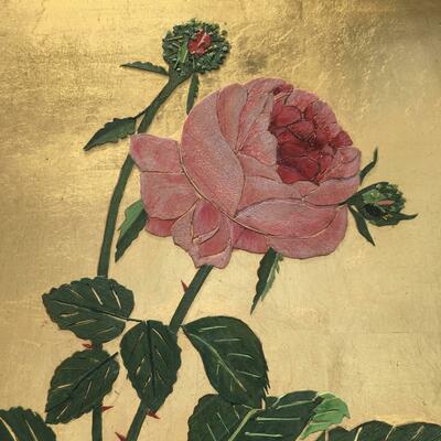 Rose picture, veneers inlay, gold leaf background, 29x23cm. £500