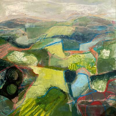 Staffordshire Fields.  Acrylic and mixed media on MDF panel 45x45cm £160 framed in white float frame