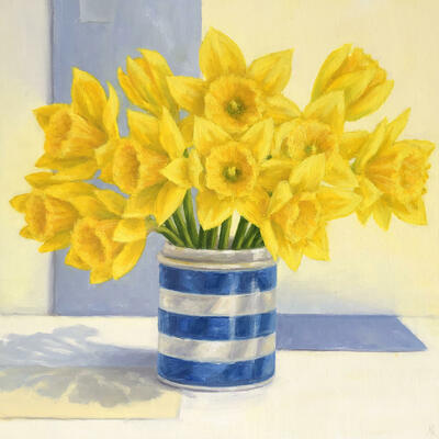 Sunny yellow daffodils in a blue & white striped Cornish ware pot
