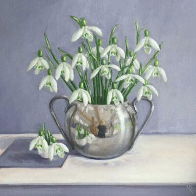 Snowdrops in a silver pot with reflection of the artist painting