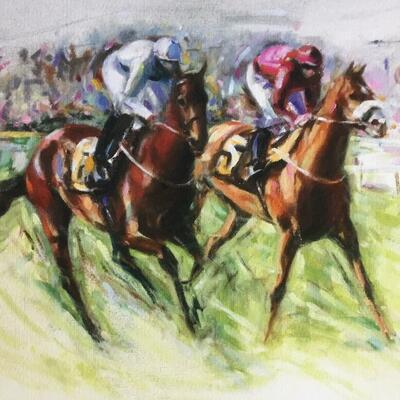 'Just past the post' oil on board £3400. 57cm x 67cm framed
