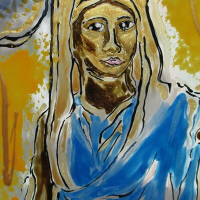 Our Lady of the Lake (detail) - transparent paint on upcycled wood frame round window, diameter 60cm. d:6.6cm. Weight 7kg