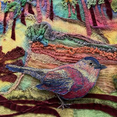 Bird in Forest. Hand & machine embroidery.