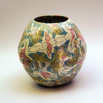 Moon Jar, Porcelain Nerikomi, Autumn Leaves Pattern, 20 cm x 19 cm 