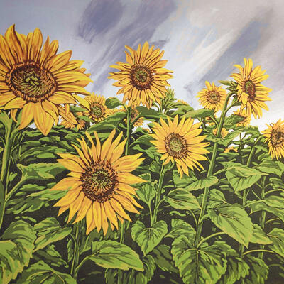 Sunflowers, Rain Showers linocut by Alexandra Buckle