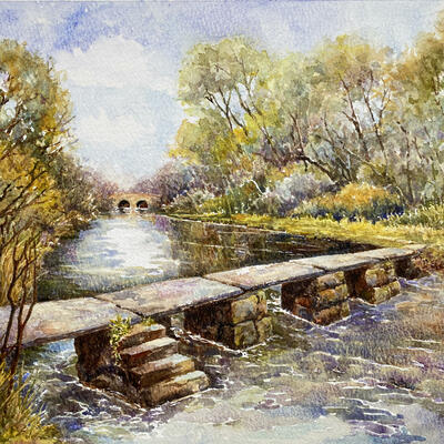 Clapper Bridge, Eastleach,watercolour by Jill Smith 