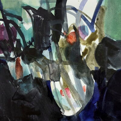 Abstract watercolour painting of dark flowers in glass vase