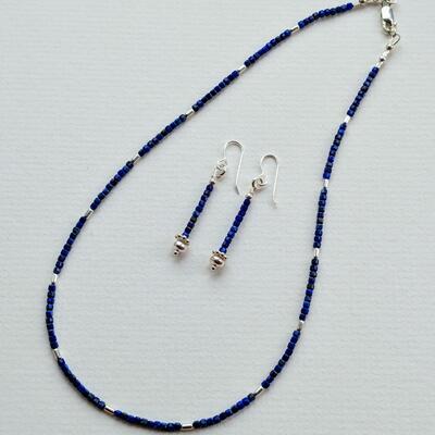 Delicate lapis & silver necklace with matching earrings