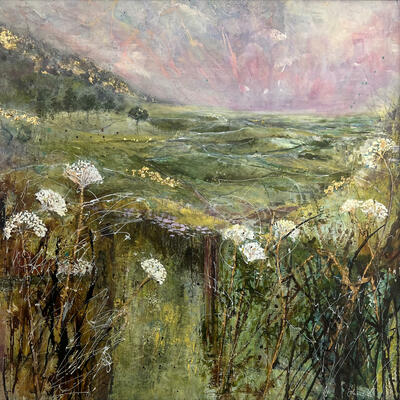Evening light after a summer's day in the Cotswolds. Mixed media with collage, ink and acrylic paint . The painting is done on prepared board and is framed with white wood and the overall size is 76cm x 76cm 