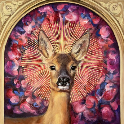 An original oil painting called Abundance, showing a roe deer doe with a starburst halo standing in a shower of petals - by Oxford artist Karina Tarin